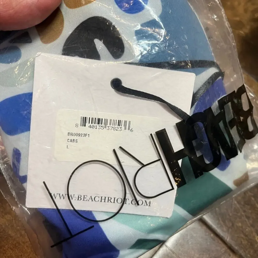 NWT BEACH RIOT Chloe Cheeky String Bikini‎ Bottom Blue Abstract L